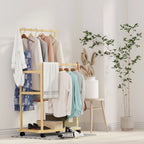 OEM Clothes Rack Double Hanging Rails Wheels Storage Shelves Natural