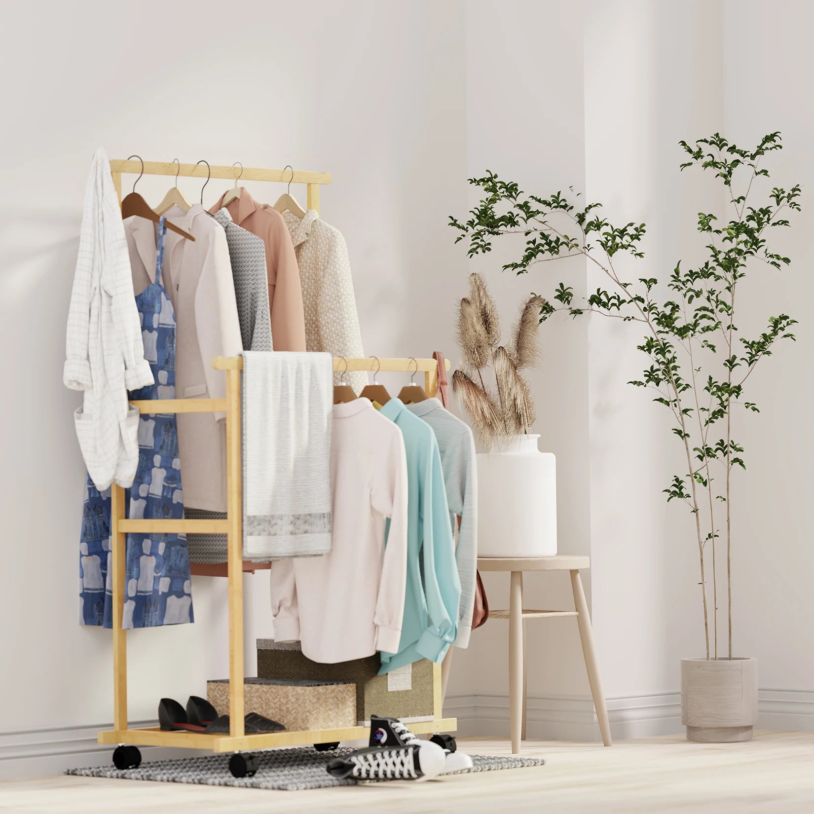 OEM Clothes Rack Double Hanging Rails Wheels Storage Shelves Natural