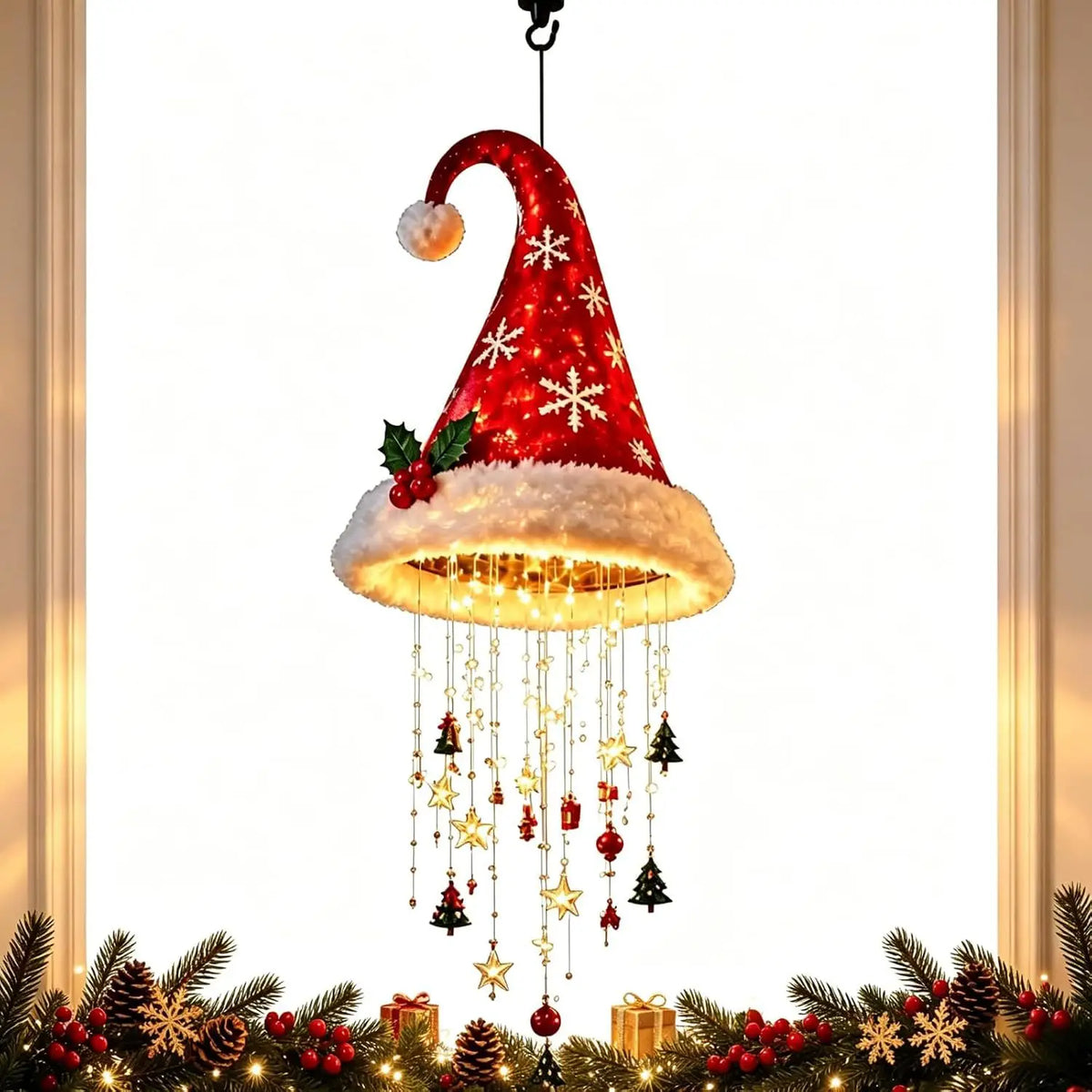 OEM LED Santa Hat Hanging Light Tassel Bell Star Christmas Decoration - RED