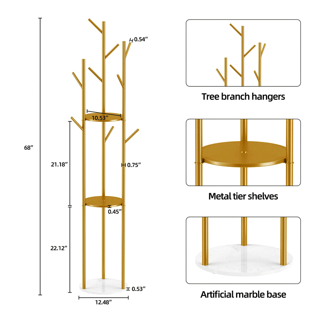 OEM Coat Stand Marble Base 2 Storage Shelves Gold