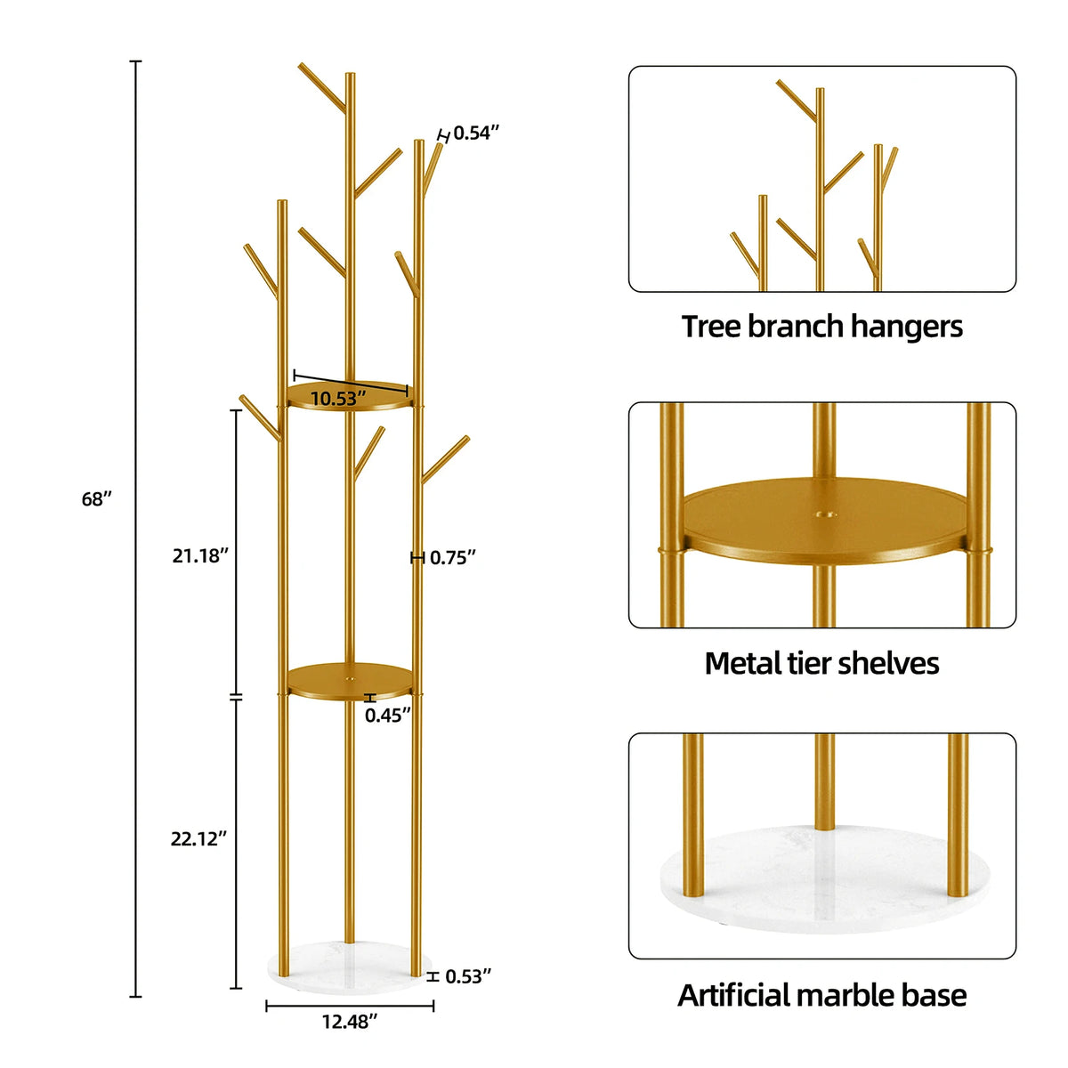 OEM Coat Stand Marble Base 2 Storage Shelves Gold