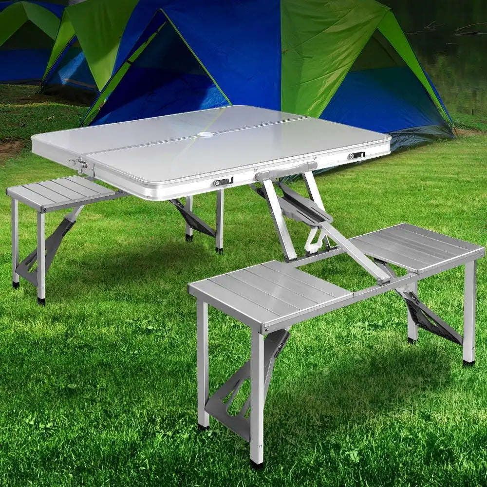 OEM Portable Folding Camping Table Set with Bench Seats Silver 85x66x66.5cm
