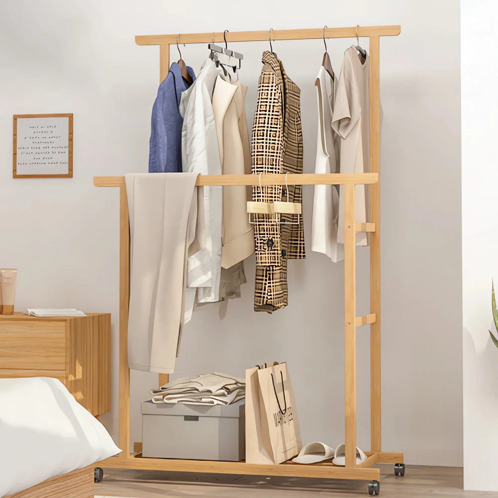OEM Clothes Rack Double Hanging Rails Wheels Storage Shelves Natural