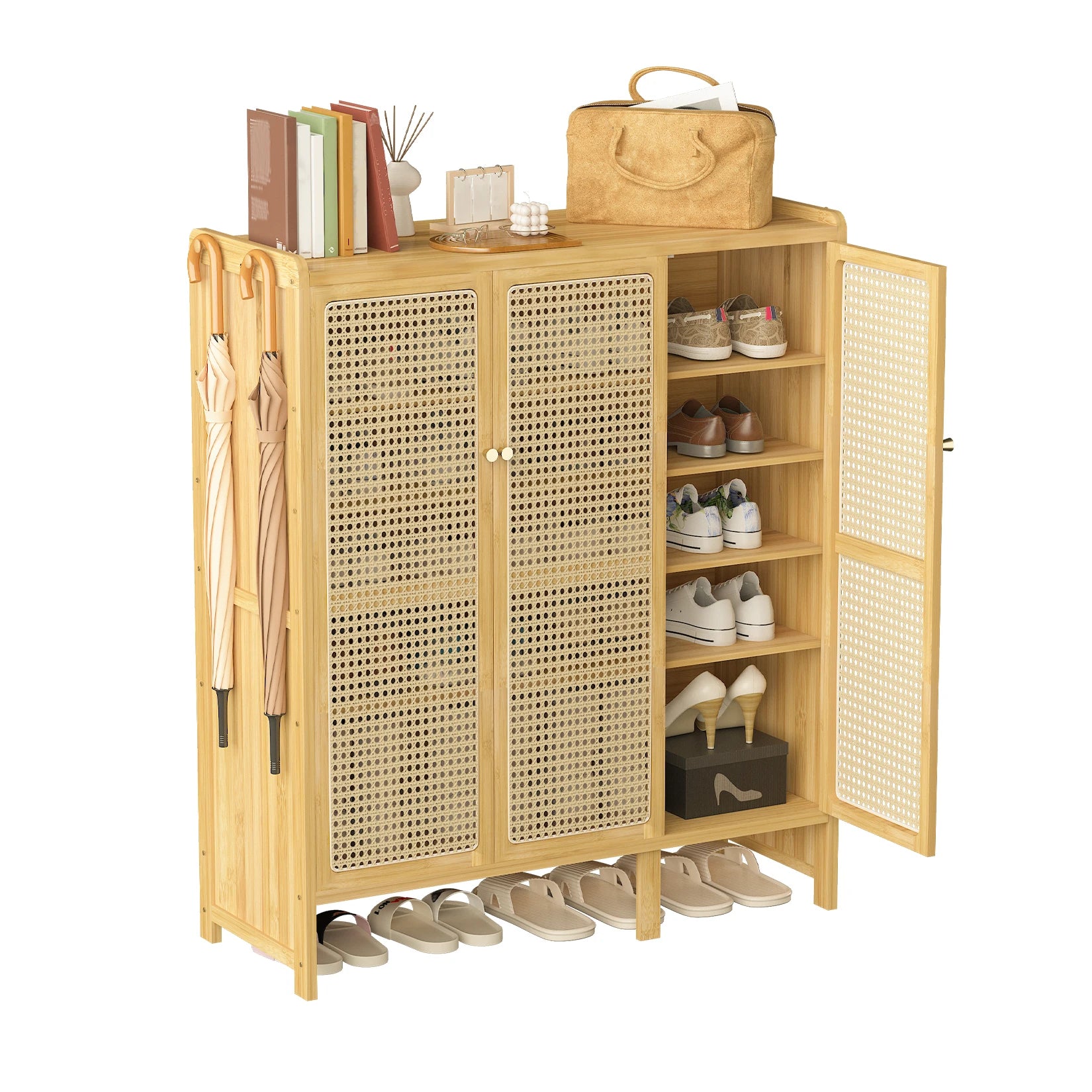 Bamboo Shoe Storage Cabinet - 6 Tier with Doors - Natural Wood