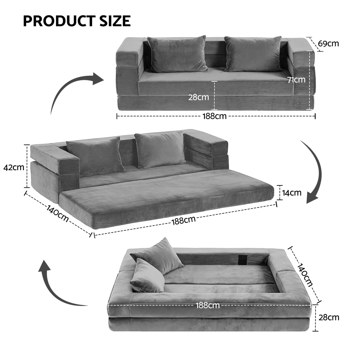 OEM Convertible Sofa Bed Folding Pull-Out Mattress Grey