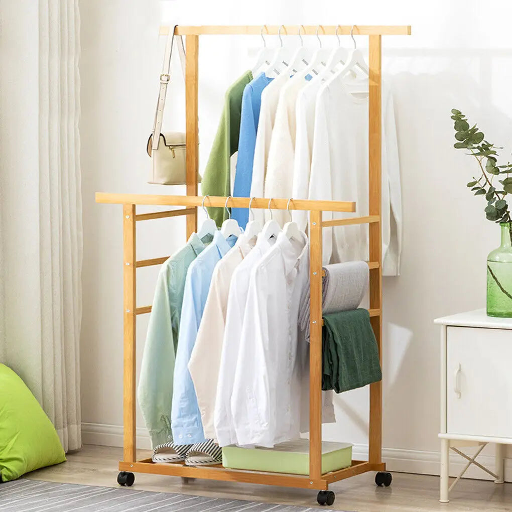OEM Clothes Rack Bamboo Wheels Locks Light Oak