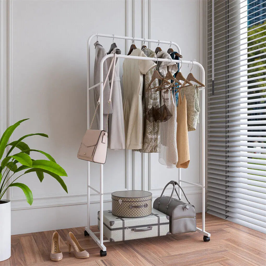 OEM Clothes Rack Double Hanging Rod Rolling White 80.5x51x155cm