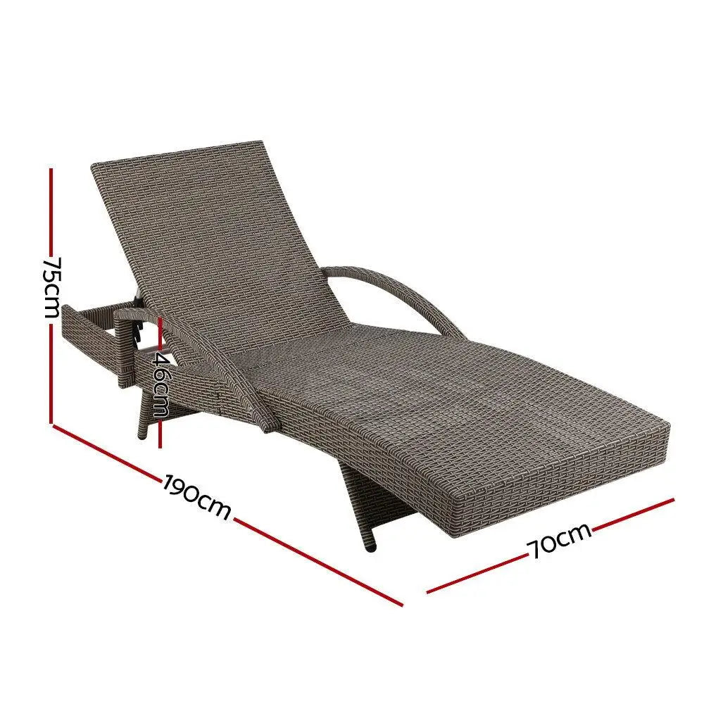 OEM Outdoor Wicker Sun Lounger Set 2 Piece Adjustable Reclining Patio Chairs with Cushions Grey & Beige 190x70x75cm