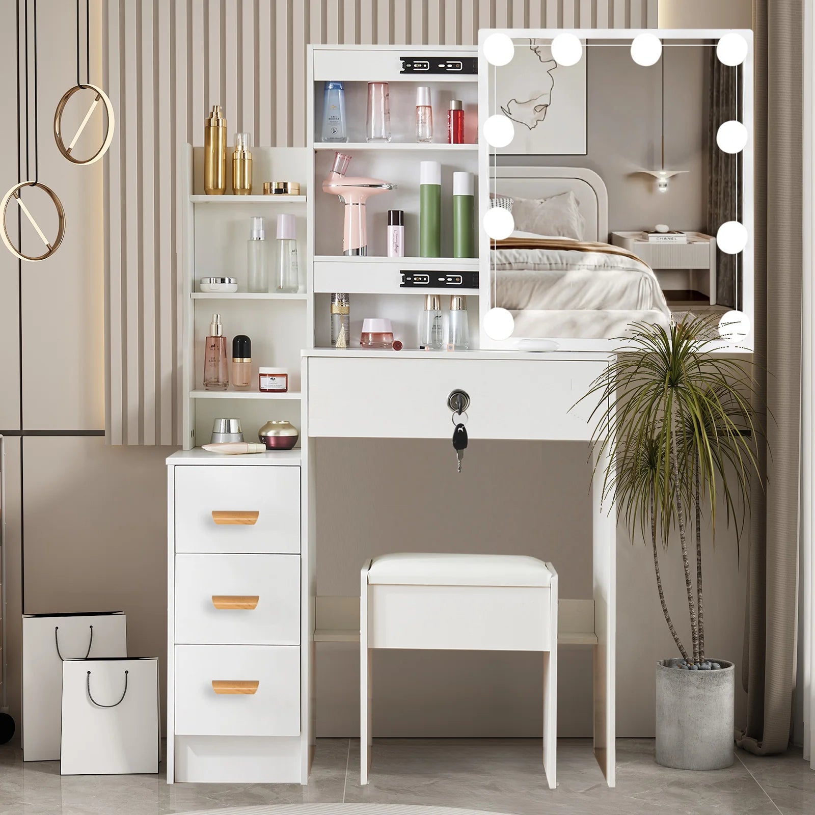 OEM Vanity Dressing Table 4 Drawers LED Mirror Faux Leather Stool White