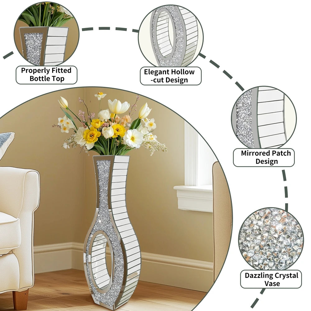 OEM Floor Vase Mirrored Crushed Diamond Silver Tall