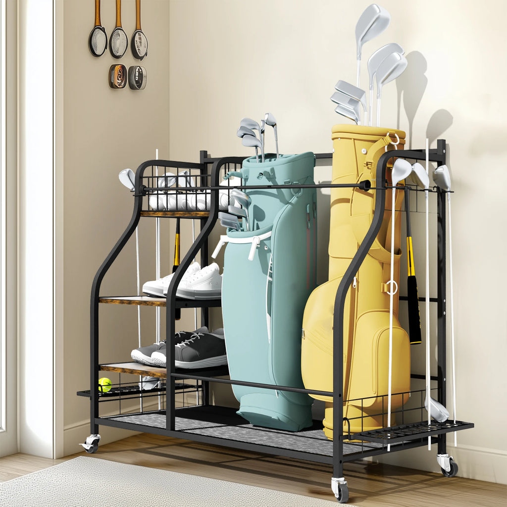 OEM Golf Bag Rack Rolling Sports Equipment Organizer Black