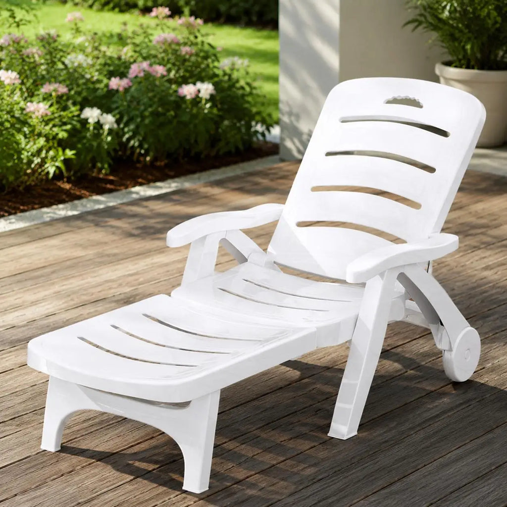 OEM Folding Sun Lounger Chair with Wheels 5-Position Adjustable Outdoor Recliner White 186x75.5cm