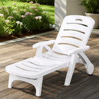 OEM Folding Sun Lounger Chair with Wheels 5-Position Adjustable Outdoor Recliner White 186x75.5cm