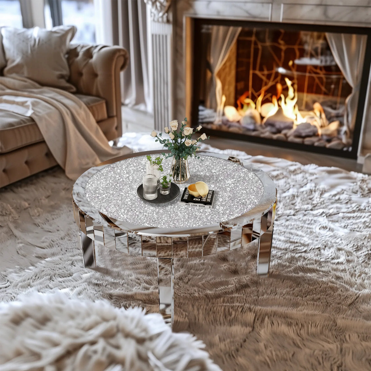 OEM Coffee Table Round Mirrored Crystal Inlay Silver
