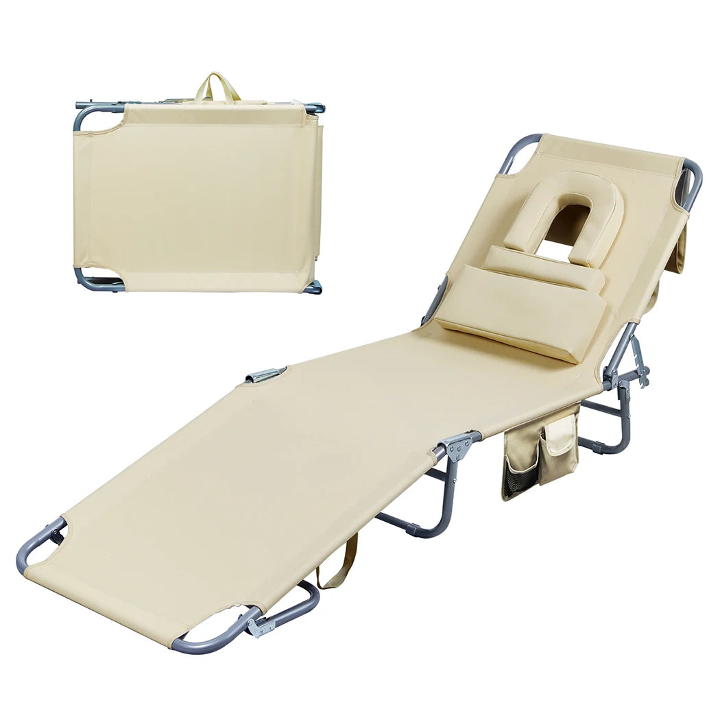 OEM Folding Sun Lounger Chair 5-Position Adjustable Recliner with Face Hole Khaki 188x55x24cm
