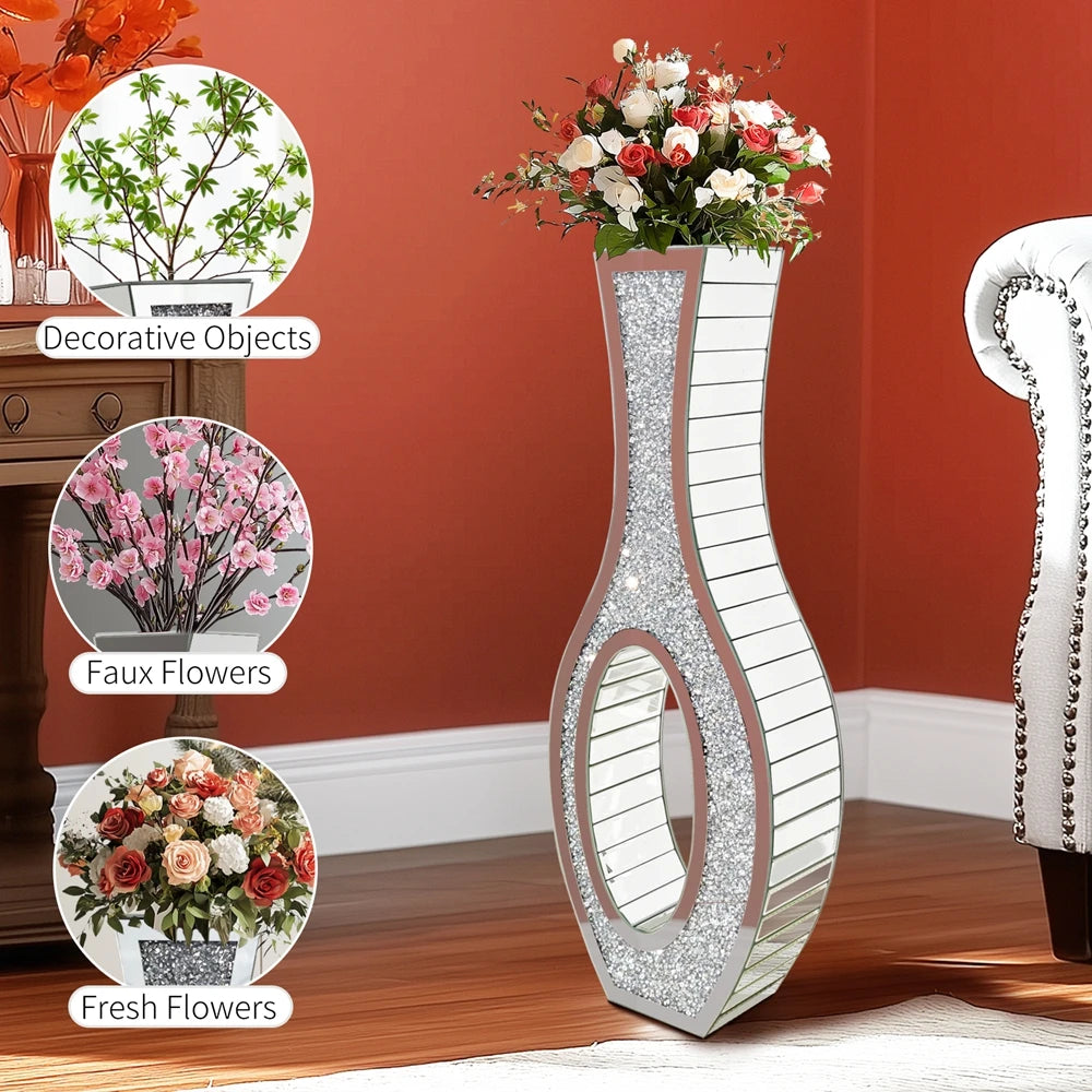 OEM Floor Vase Mirrored Crushed Diamond Silver Tall