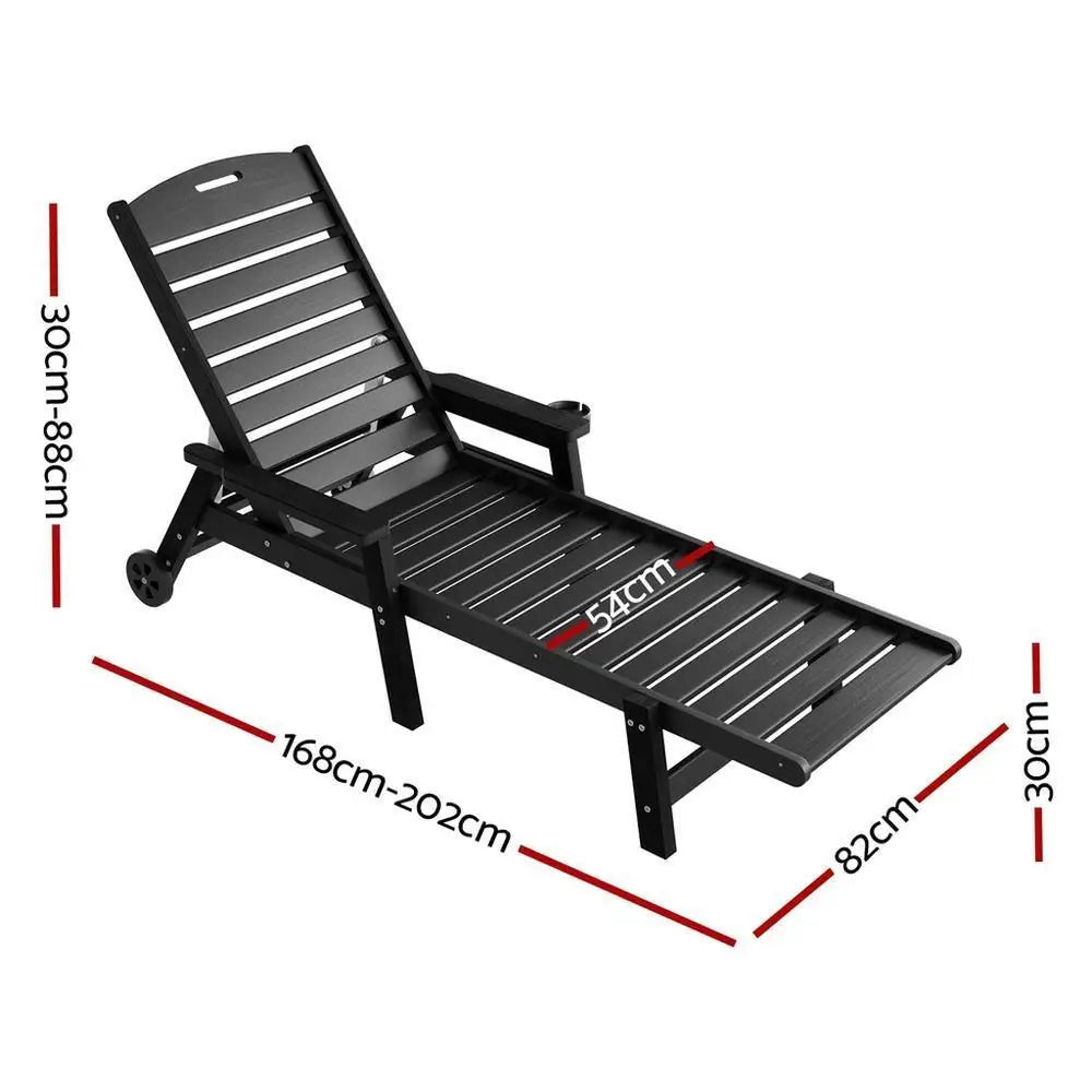 OEM Outdoor HDPE Sun Lounger Chair with Wheels 4-Position Adjustable Recliner Black 202x82cm