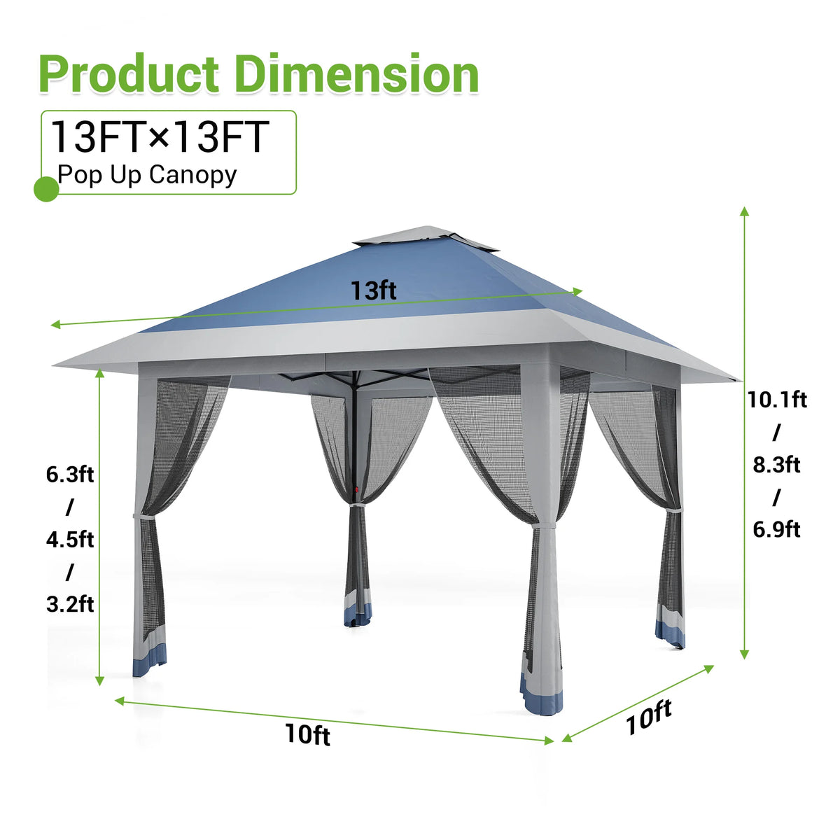 OEM Outdoor Pop Up Gazebo Canopy Tent Double Roof with Mosquito Netting Waterproof Blue 13x13ft