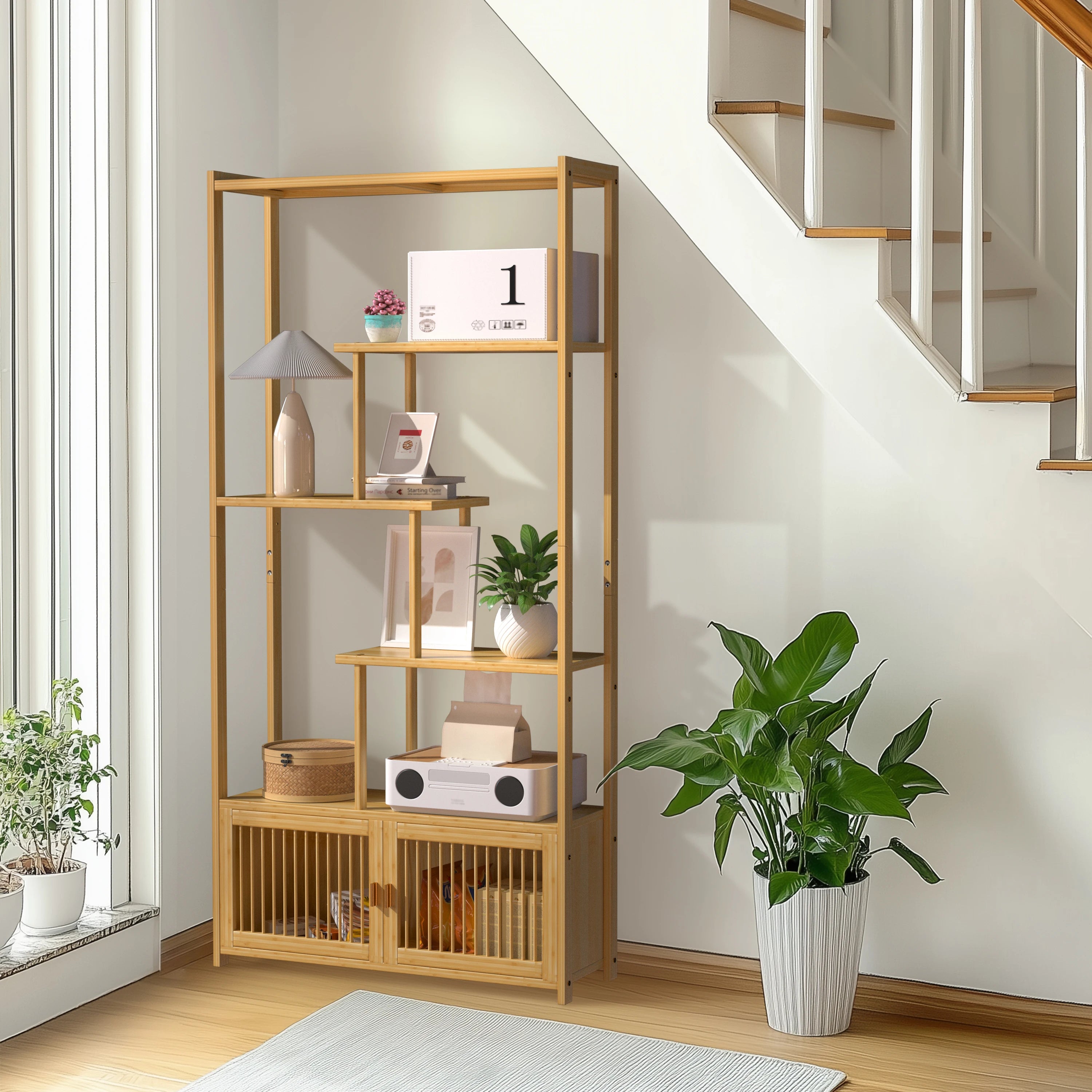 OEM Storage Rack Bamboo Shelving Unit High & Low Shelves Natural