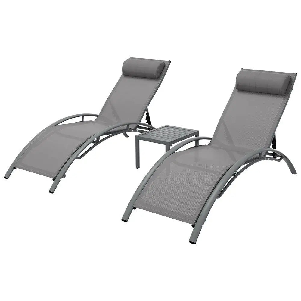 OEM Outdoor Sun Lounger Set 3 Piece Steel Patio Reclining Chairs with Side Table Grey 182x57.5x91cm