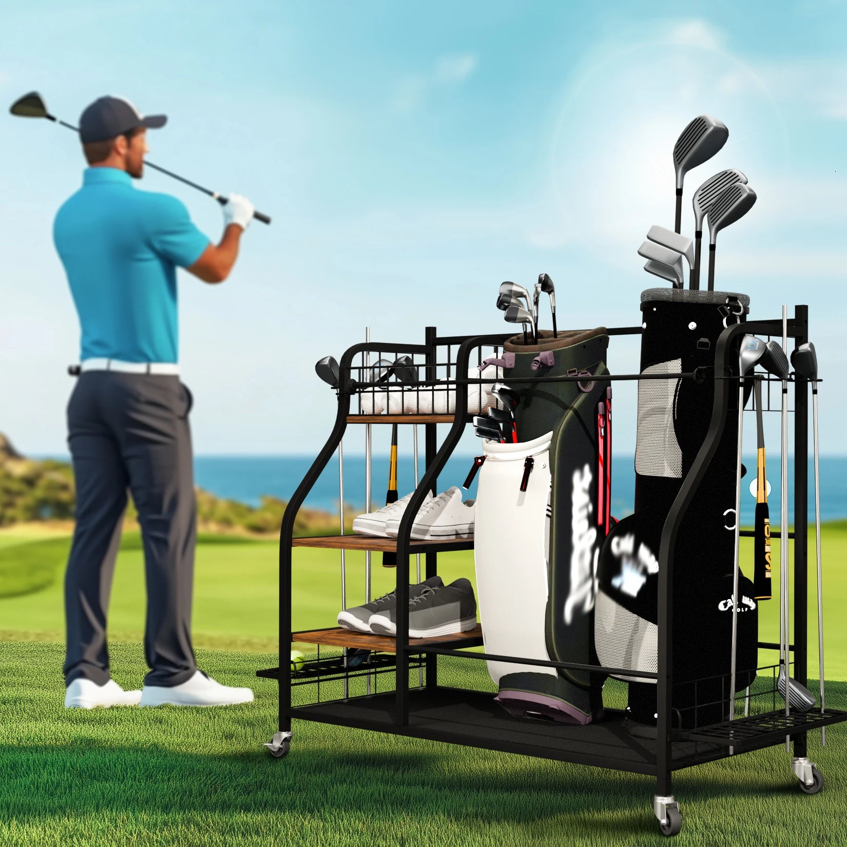 OEM Golf Bag Rack Rolling Sports Equipment Organizer Black