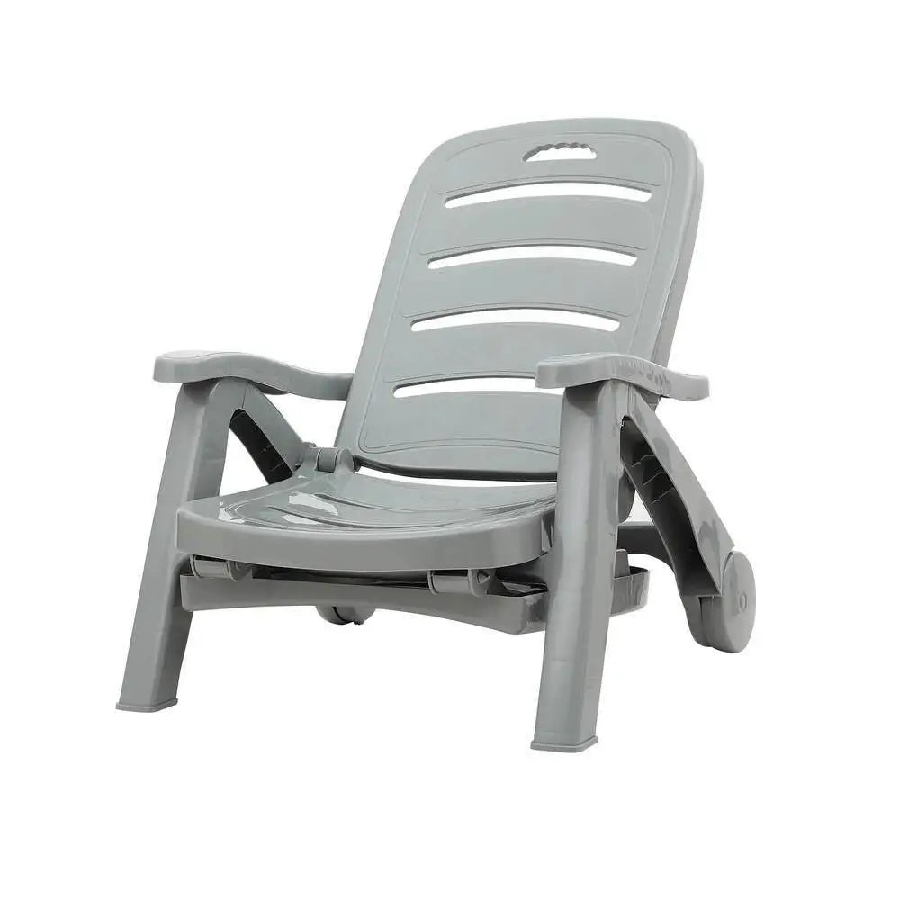 OEM Folding Sun Lounger Chair with Wheels 5-Position Adjustable Outdoor Recliner Grey 186x75.5cm