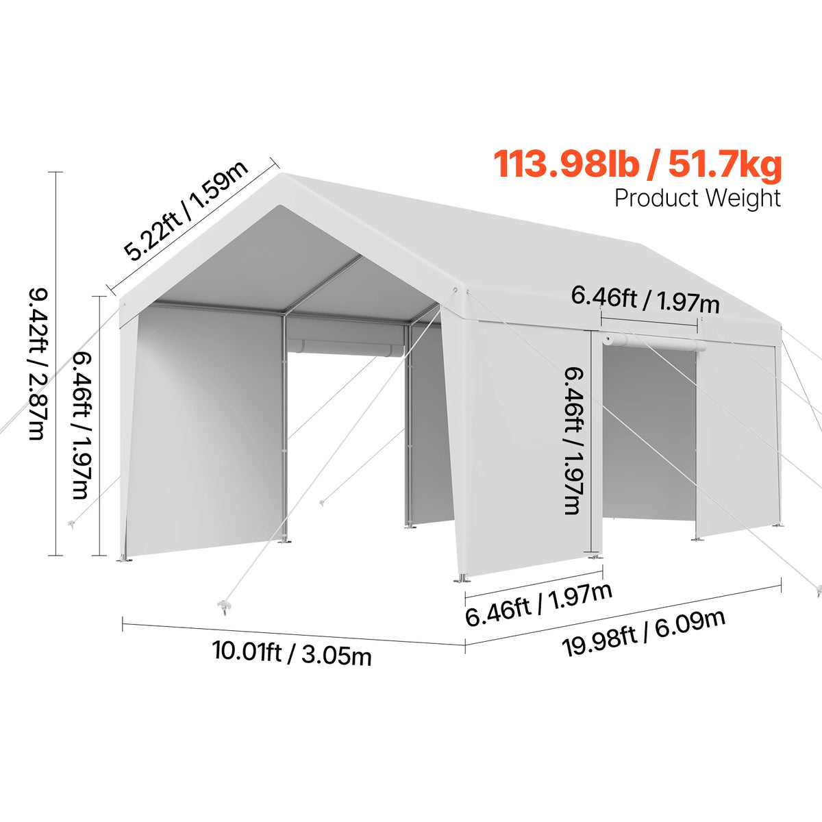 OEM Portable Carport Canopy Removable Sidewalls Zipper Door White 12x20ft