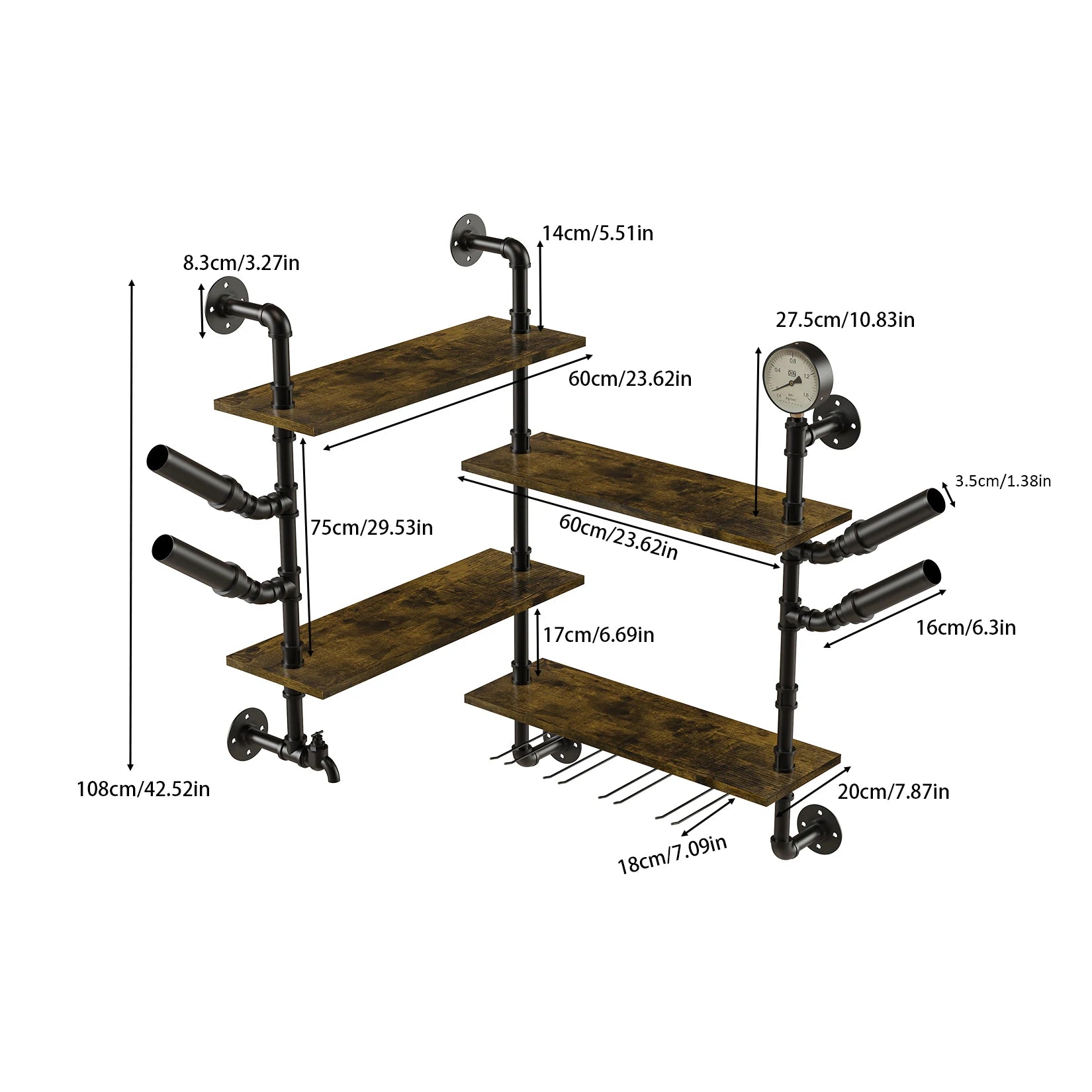 OEM Wall Wine Rack Industrial Pipe Shelves Glass Holder Rustic Brown Medium