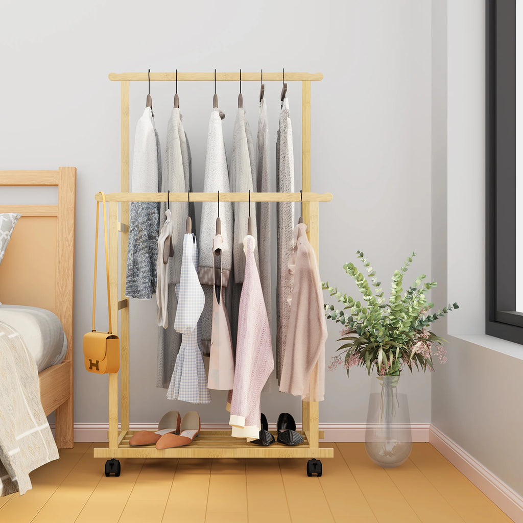OEM Clothes Rack Double Hanging Rails Wheels Storage Shelves Natural
