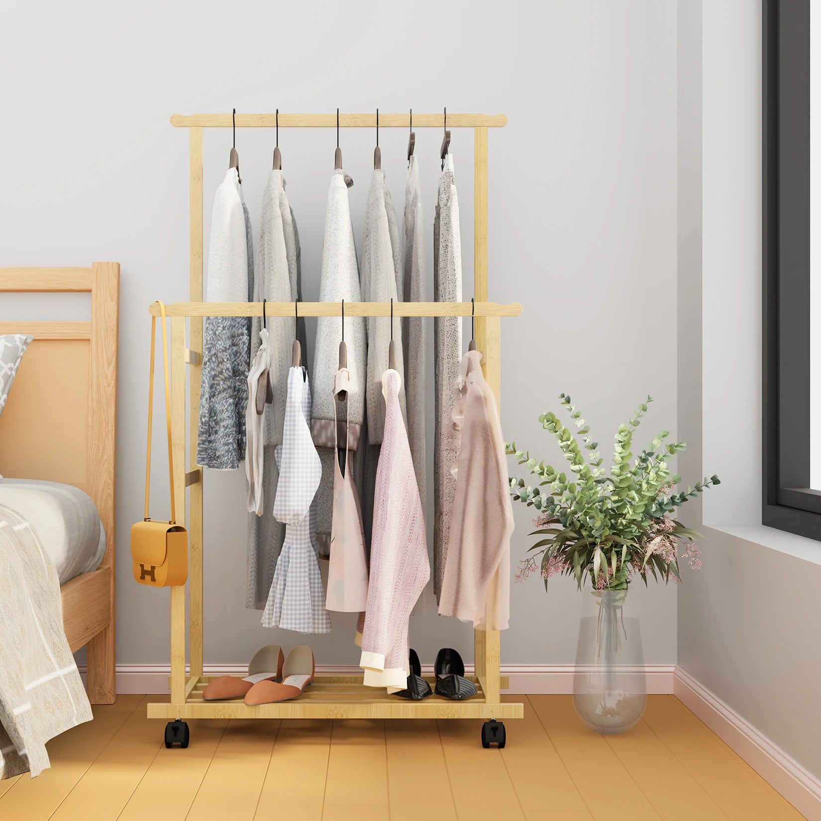 OEM Clothes Rack Double Hanging Rails Wheels Storage Shelves Natural