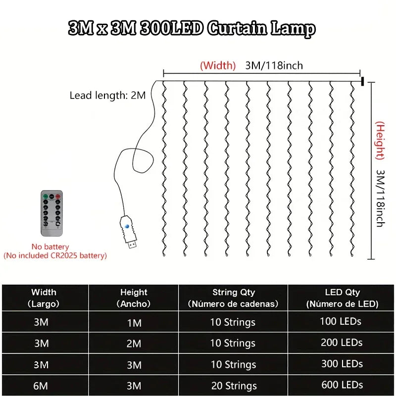 OEM Curtain LED String Lights USB Remote 8 Modes 600 LED 6Mx3M