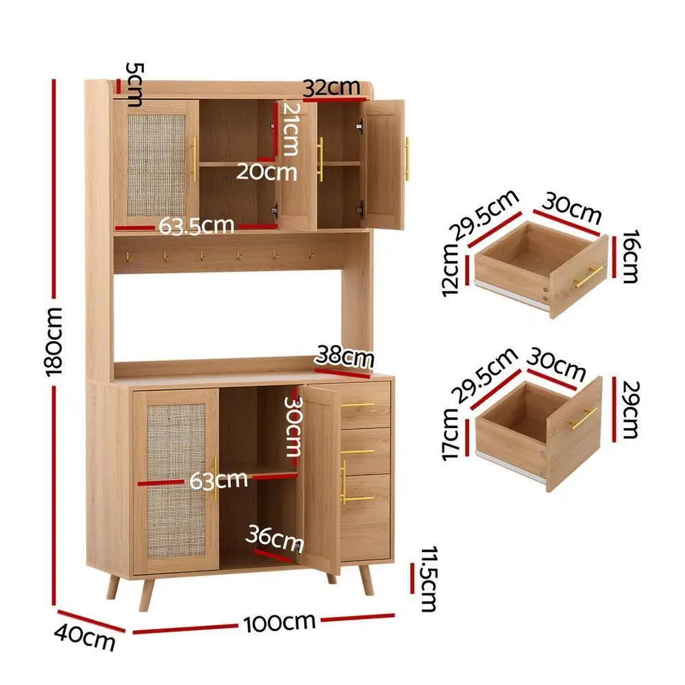 OEM Buffet Sideboard Hutch Rattan Storage Cabinet Pine Gold 100x40x180cm