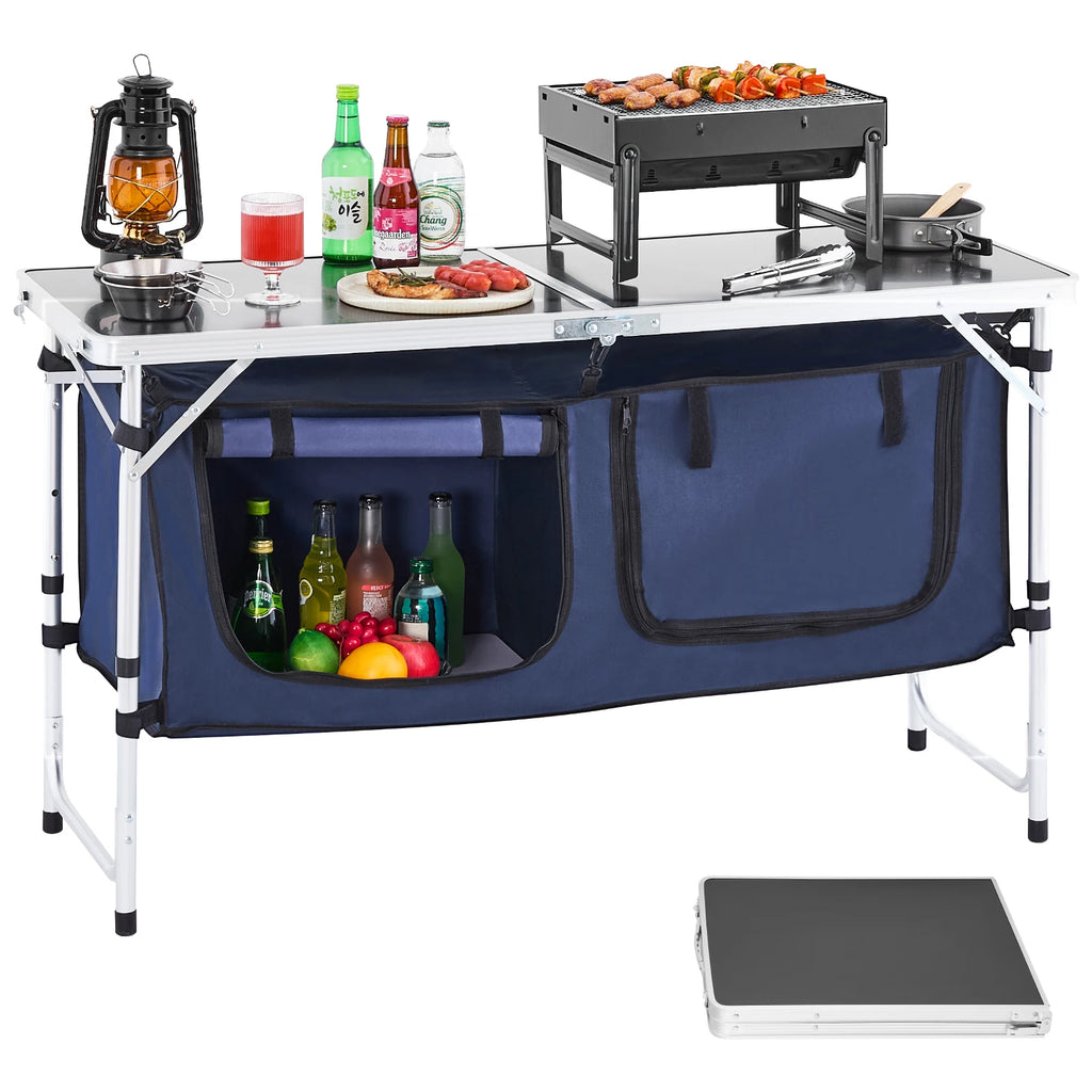 OEM Folding Camping Kitchen Table Storage Compartments Blue 120x49x70cm