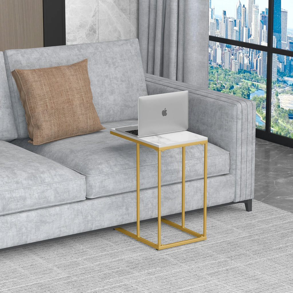 C-Shaped End Side Table - Marble Top - Gold & White