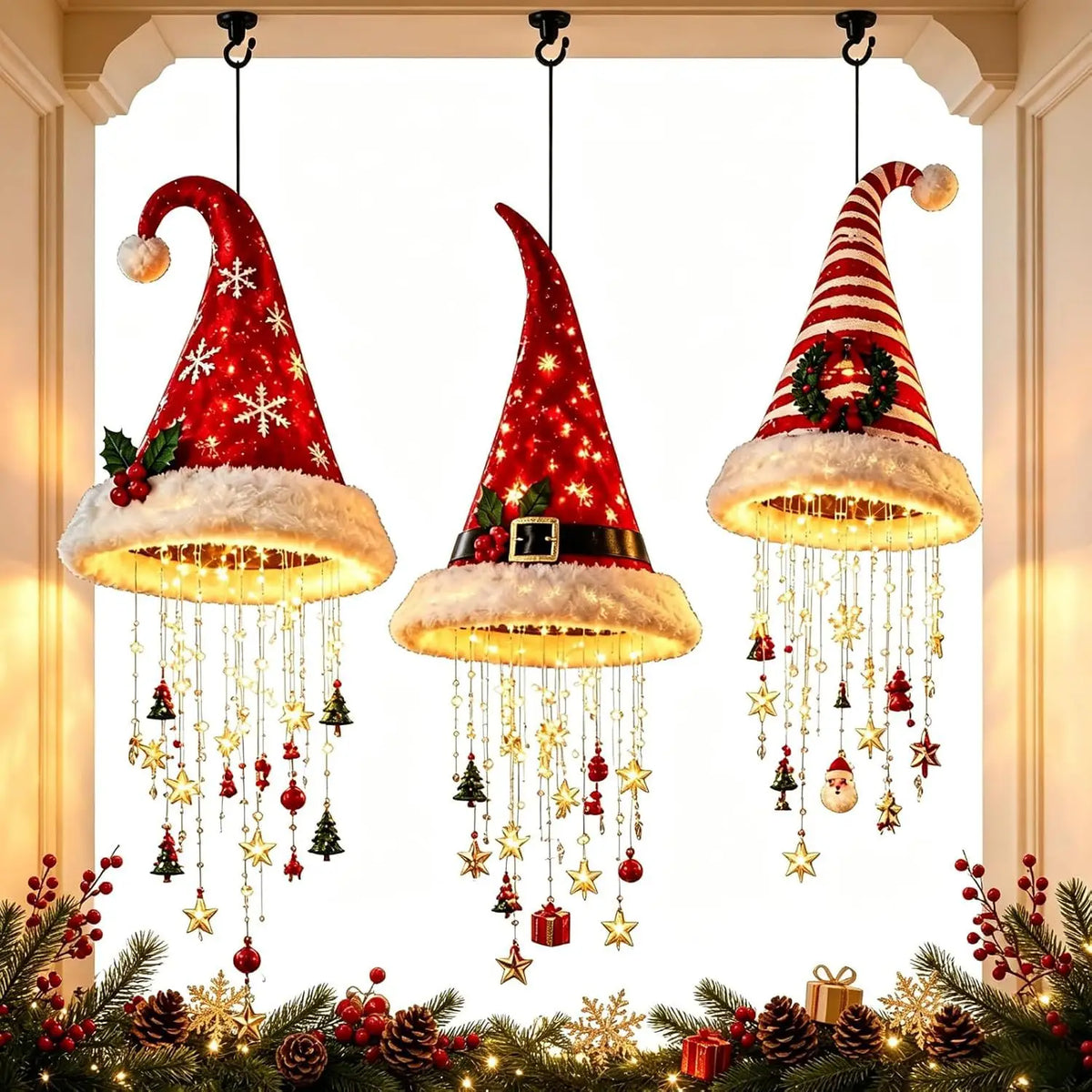 OEM LED Santa Hat Hanging Light Tassel Bell Star Christmas Decoration - RED