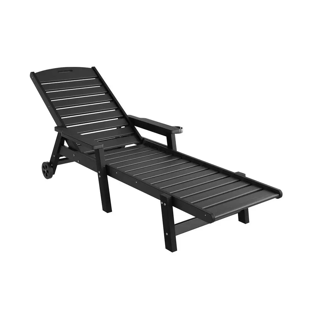 OEM Outdoor HDPE Sun Lounger Chair with Wheels 4-Position Adjustable Recliner Black 202x82cm