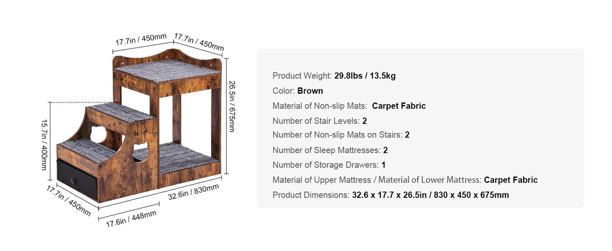 OEM Pet Bunk Bed with Removable Stairs Storage Brown 83x45x67.5cm