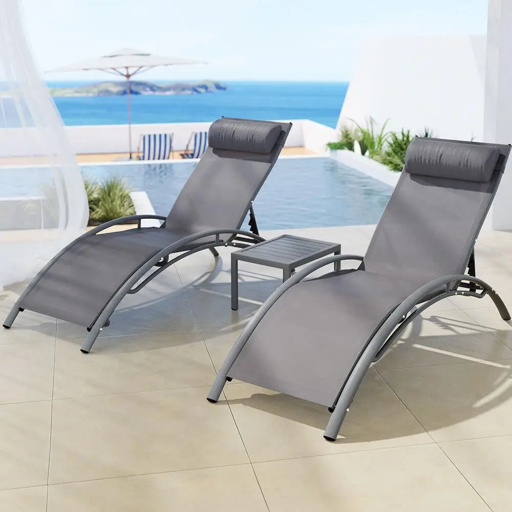 OEM Outdoor Sun Lounger Set 3 Piece Steel Patio Reclining Chairs with Side Table Grey 182x57.5x91cm