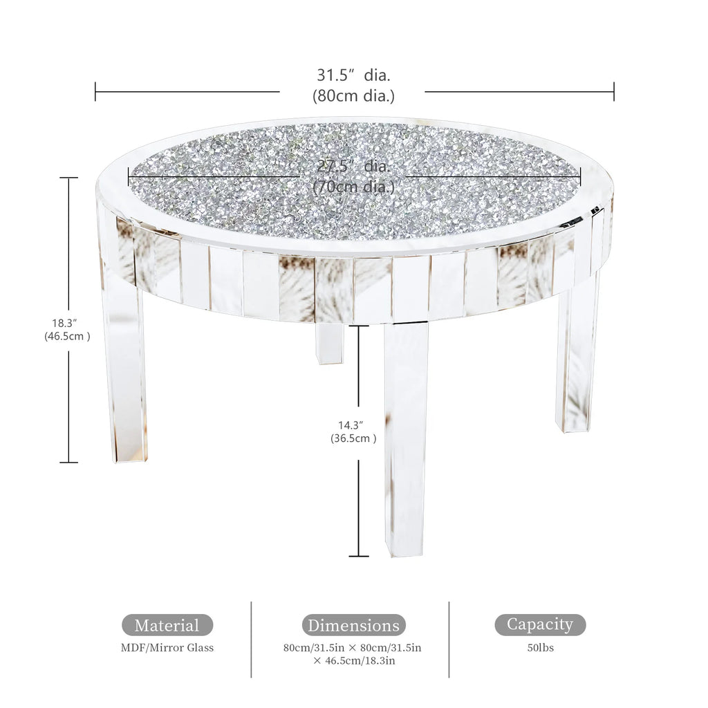 OEM Coffee Table Round Mirrored Crystal Inlay Silver