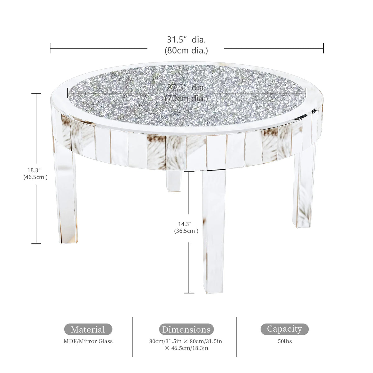 OEM Coffee Table Round Mirrored Crystal Inlay Silver