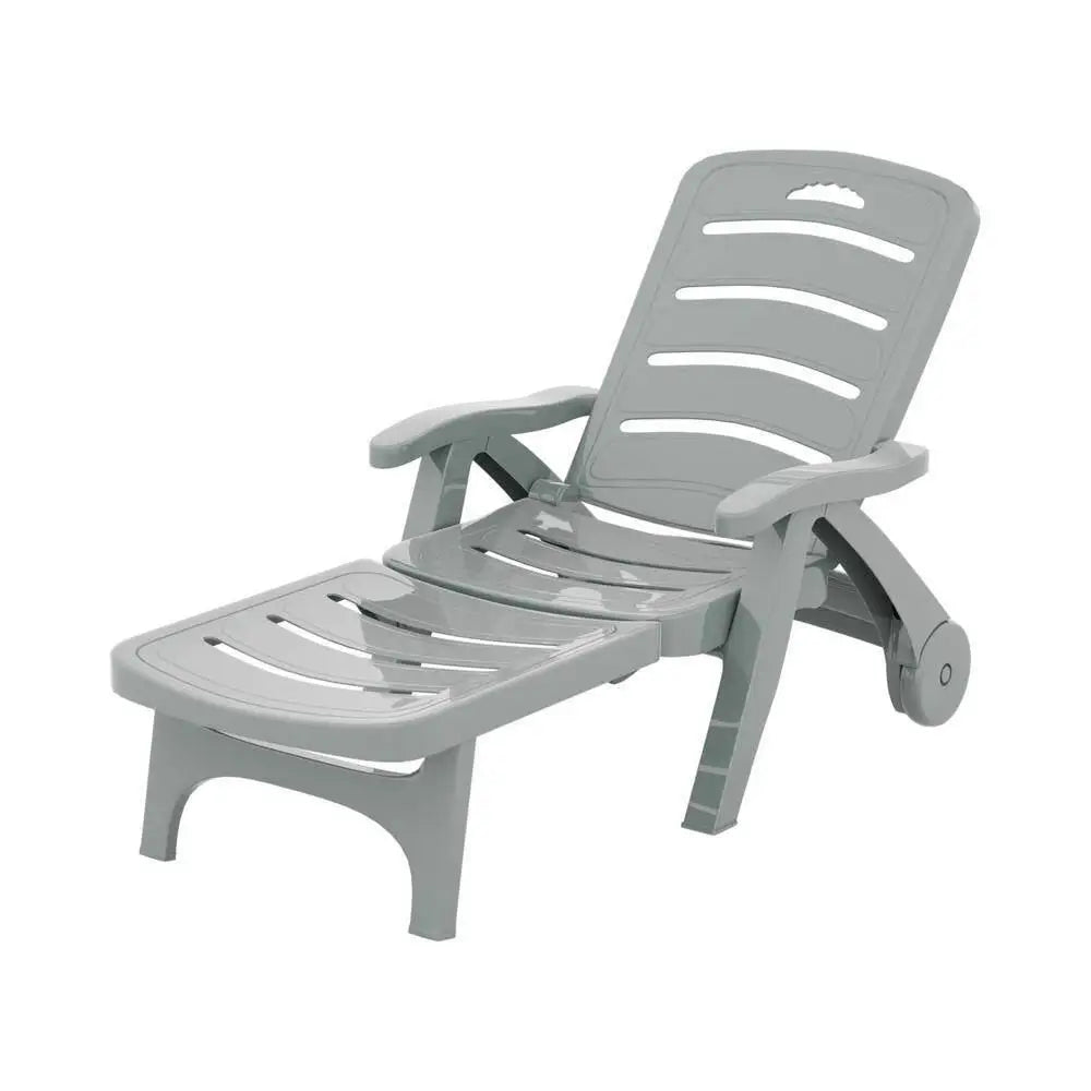 OEM Folding Sun Lounger Chair with Wheels 5-Position Adjustable Outdoor Recliner Grey 186x75.5cm