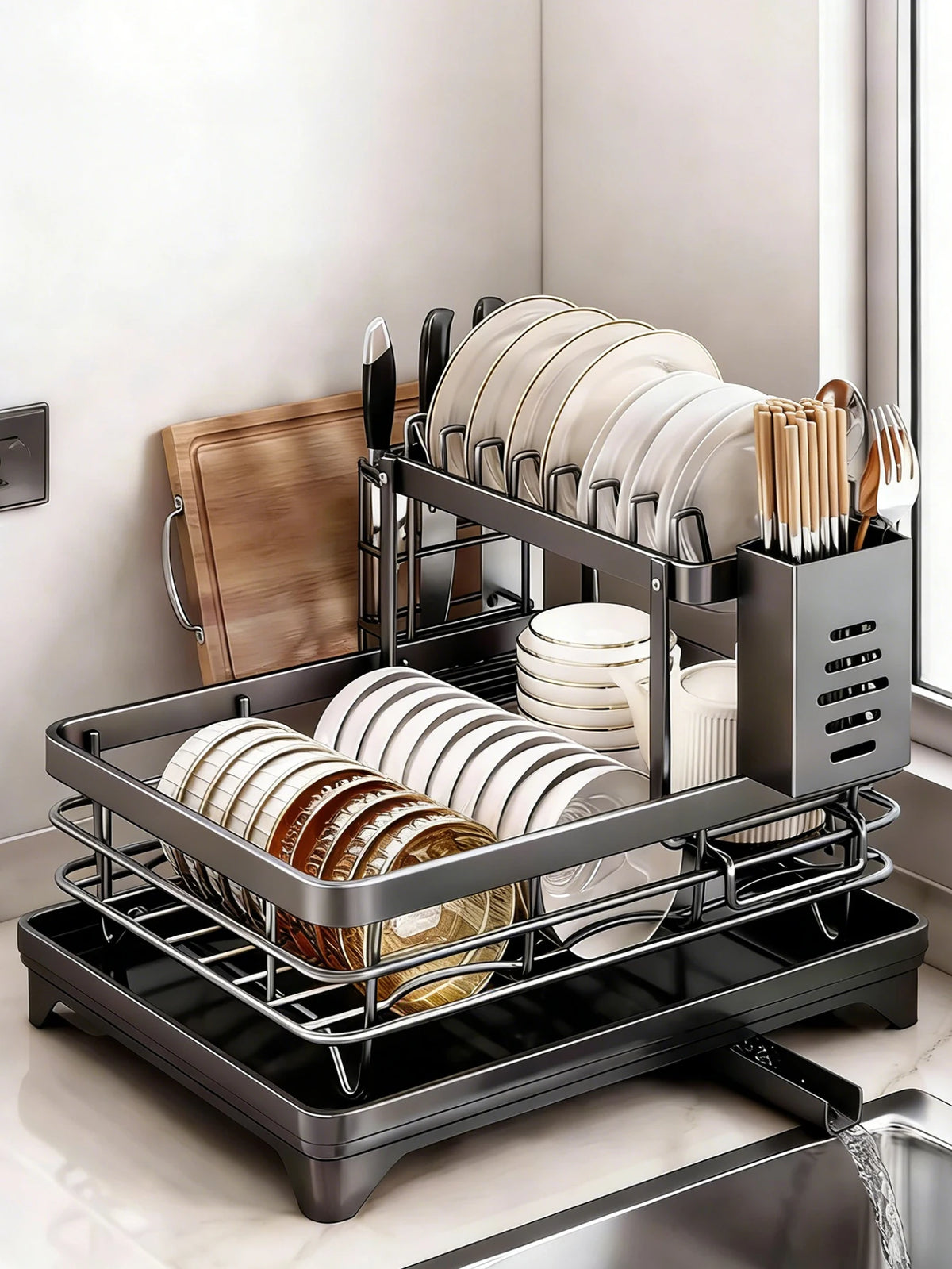 OEM 2-Tier Dish Drying Rack Auto Drain Cup Utensil Holder Black 42.2x29.5x24cm