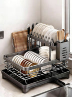 OEM 2-Tier Dish Drying Rack Auto Drain Cup Utensil Holder Black 42x30x32cm