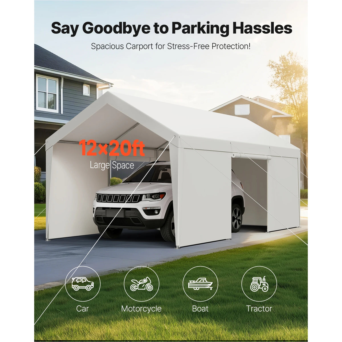 OEM Portable Carport Canopy Removable Sidewalls Zipper Door White 12x20ft