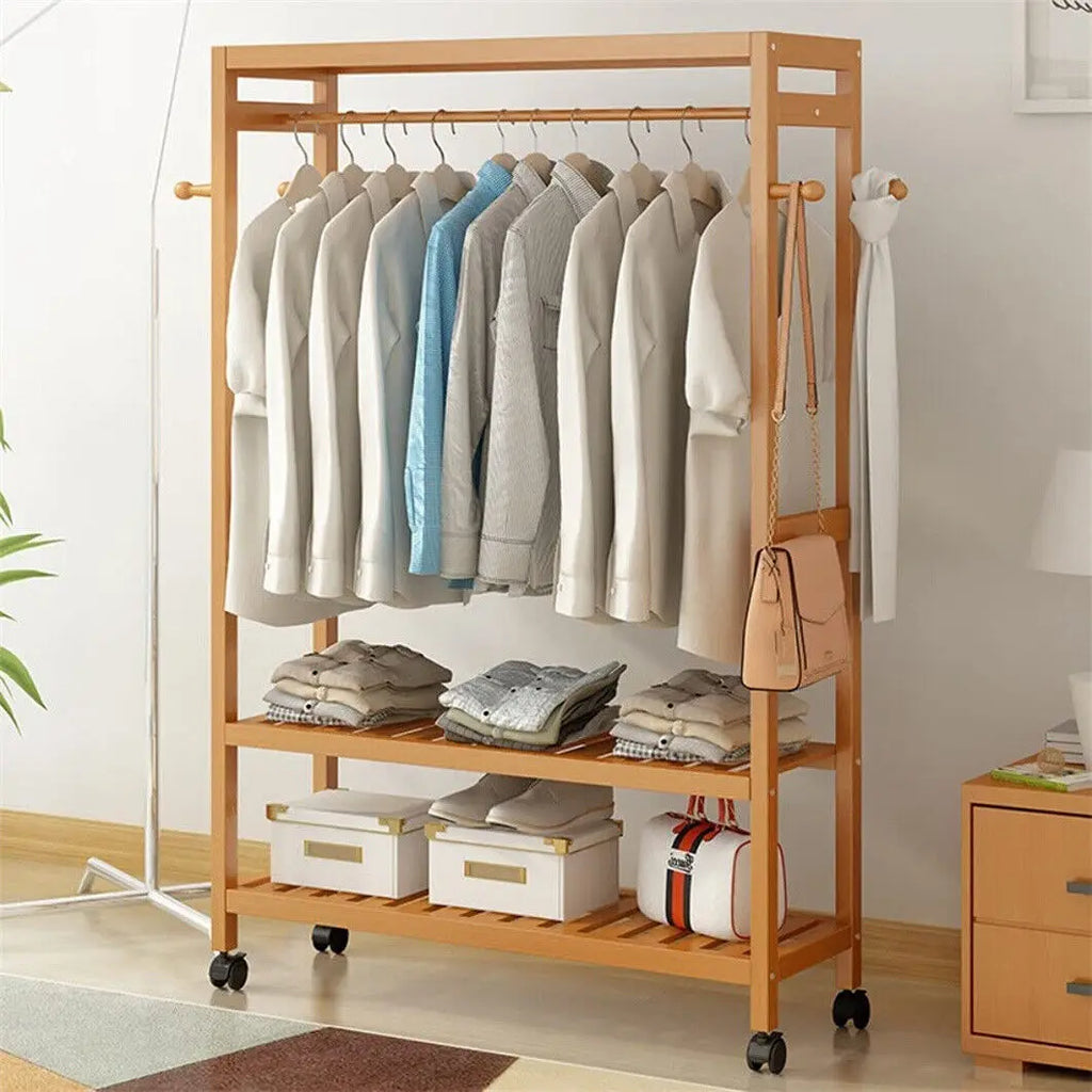 OEM Clothes Rack Bamboo Rolling Wheels Natural