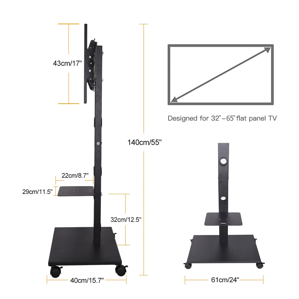 OEM TV Stand Height Adjustable Rolling Tilting Black 32-65 Inch