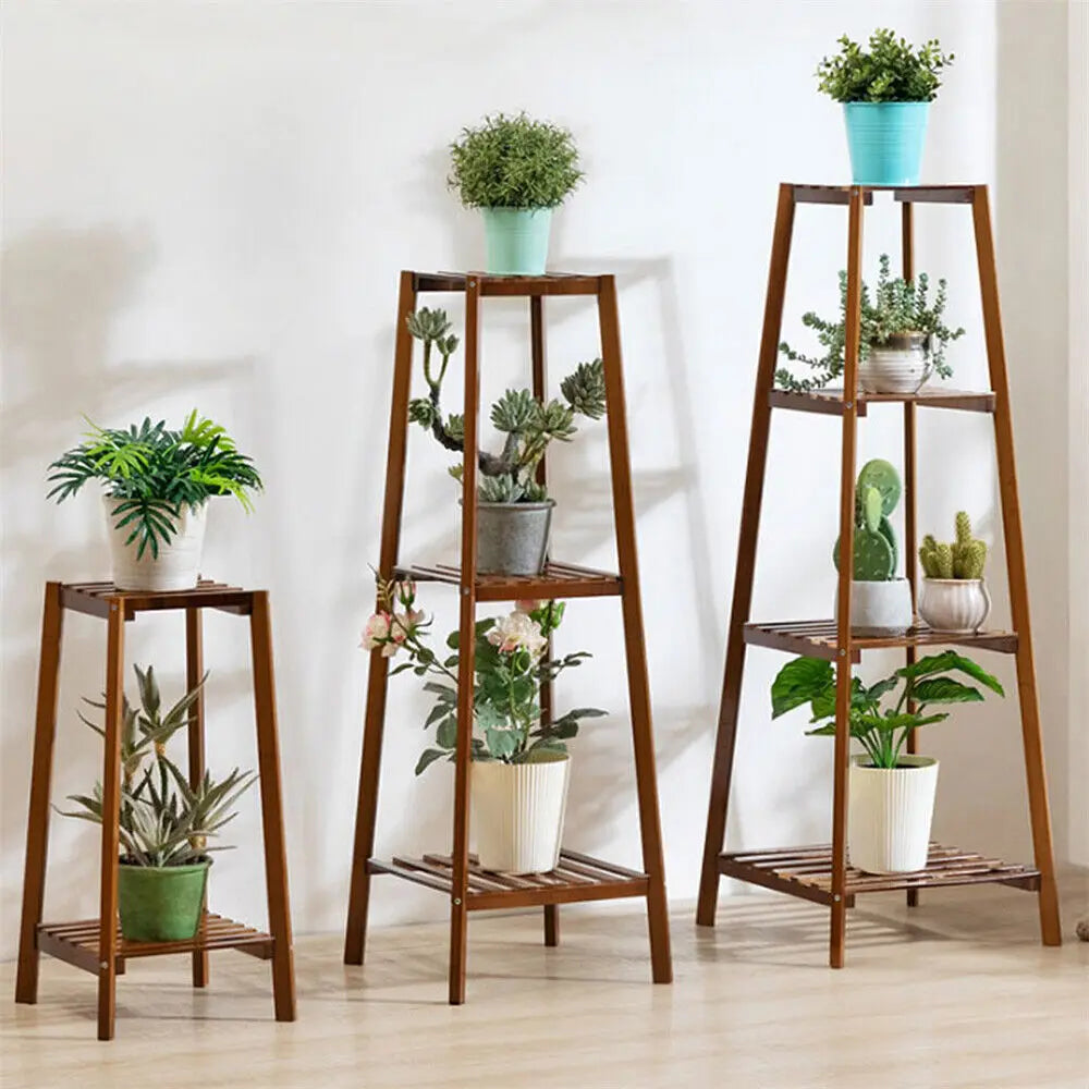 Plant Stand - Tiered Bamboo Design - Natural Wood