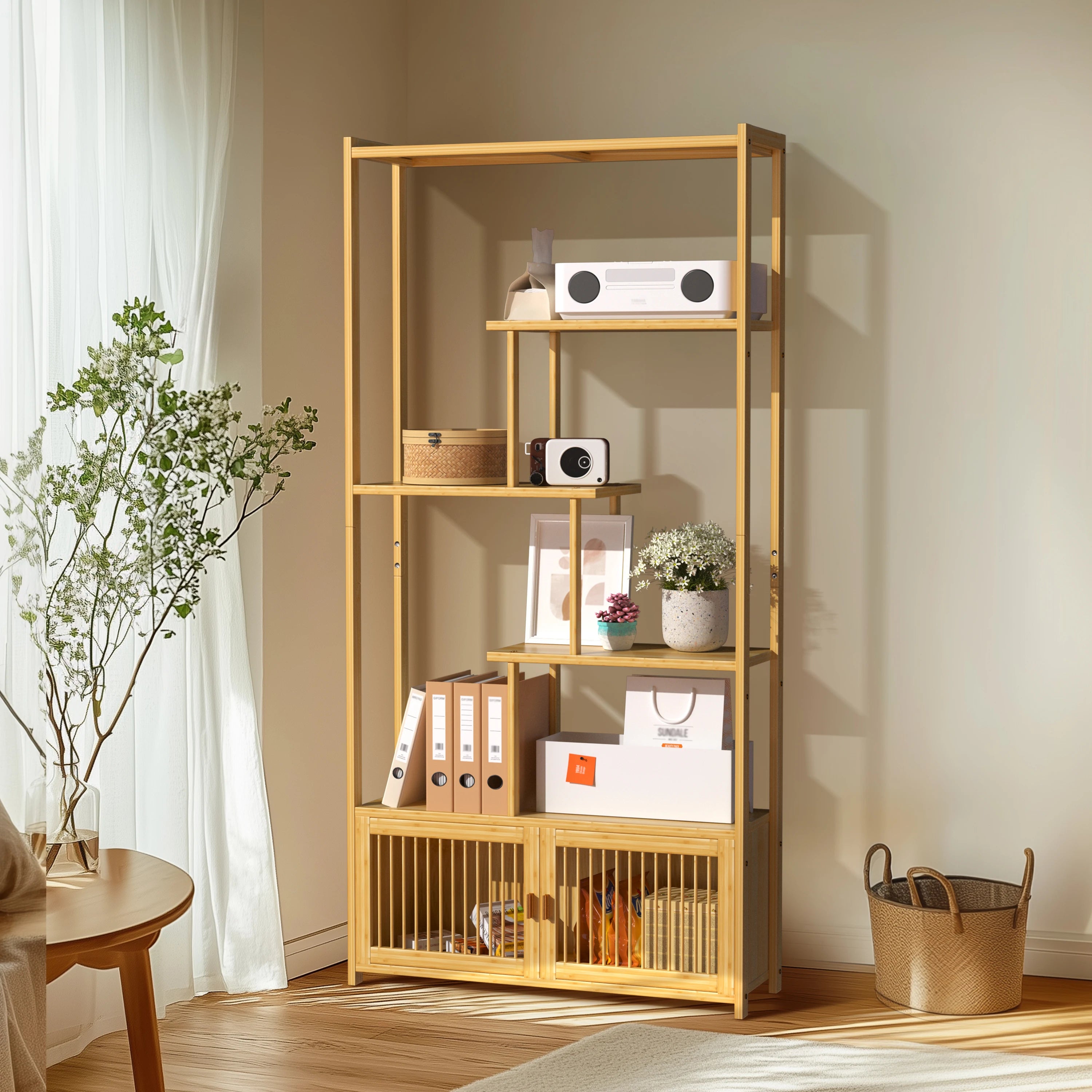OEM Storage Rack Bamboo Shelving Unit High & Low Shelves Natural