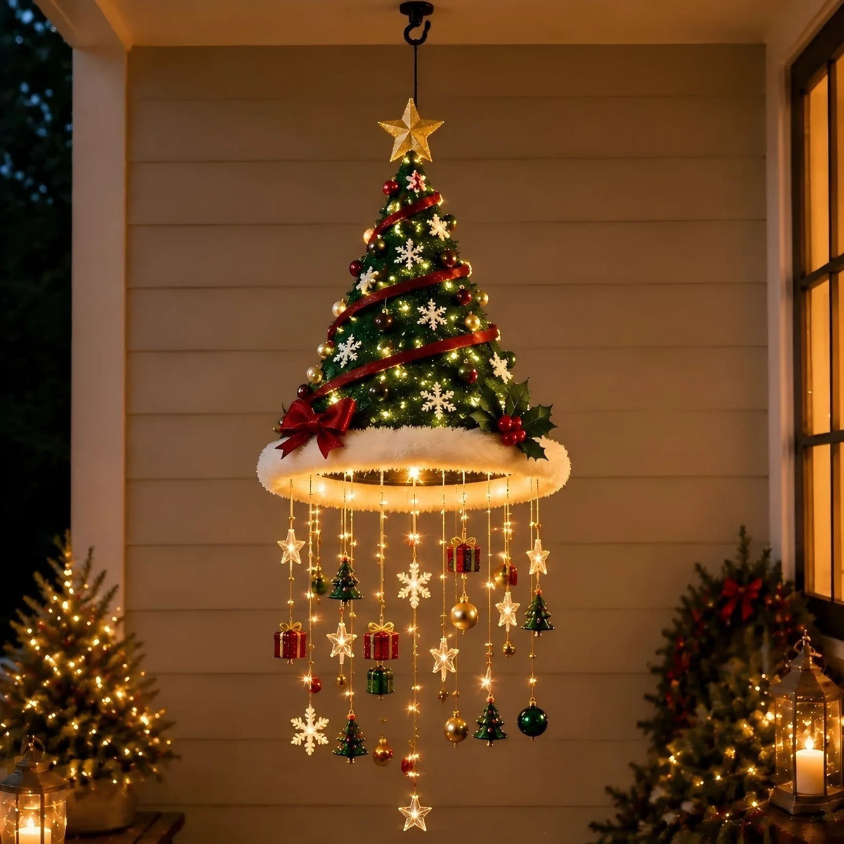 OEM LED Santa Hat Hanging Light Christmas Decoration with Tassel Bell & Star S4