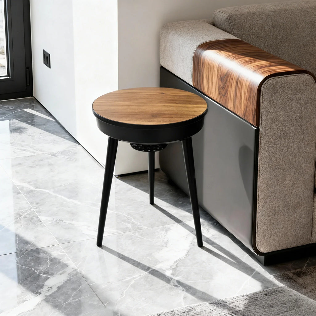 OEM Smart Side Table Bluetooth Speakers LED Light USB Charging Walnut